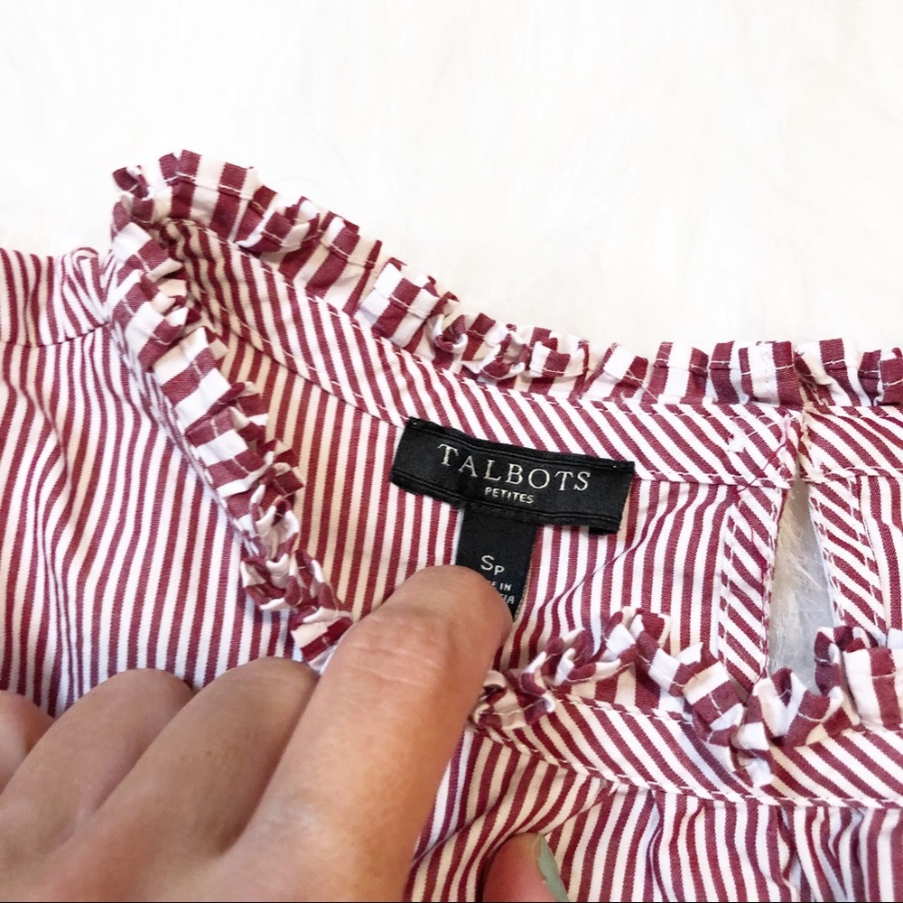 Talbots white/maroon stripe ruffle neck blouse SP - Picture 5 of 5